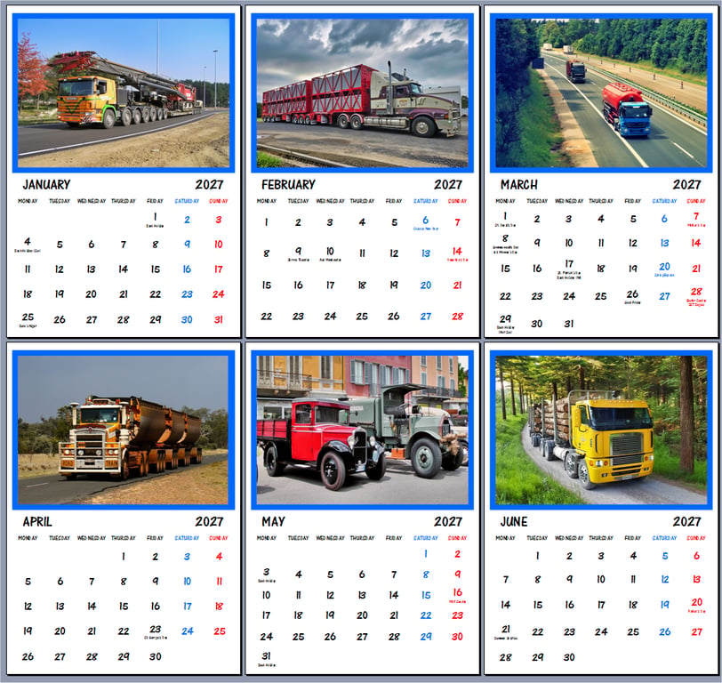 2027 Calendar Trucks Lorries A4 Size Wall Hanging 