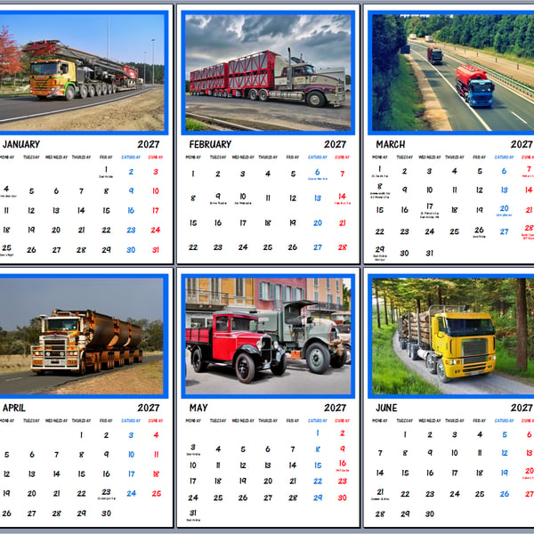 2027 Calendar Trucks Lorries A4 Size Wall Hanging 