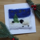 Needle felted Sheep in the snow christmas greetings card
