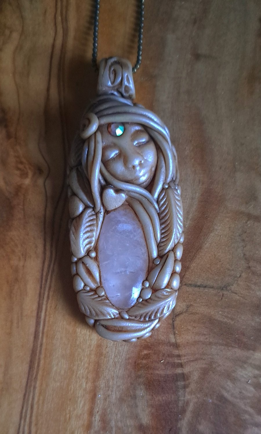 Rose Quartz Crystal and Polymer Clay Goddess Amulet Pendant 
