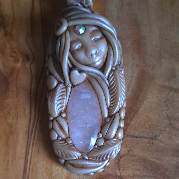 Rose Quartz Crystal and Polymer Clay Goddess Amulet Pendant 