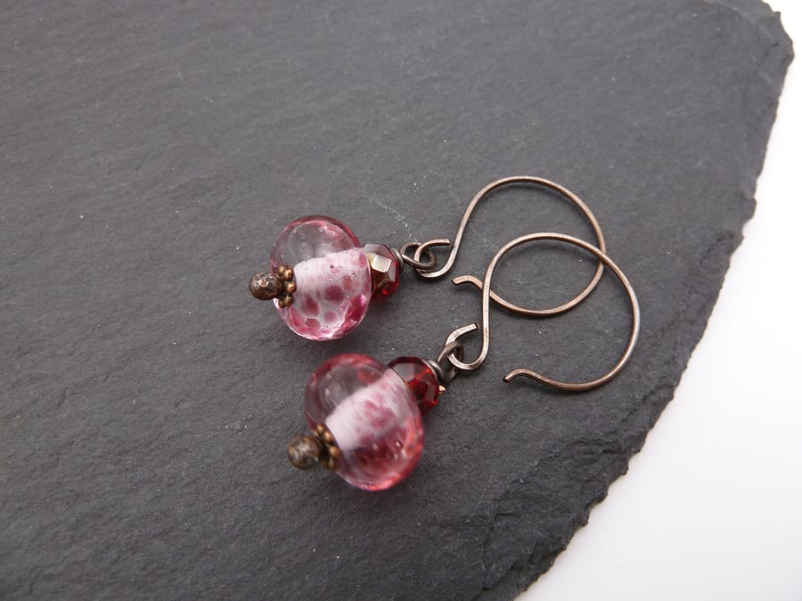 copper and lampwork glass earrings, pink jewellery