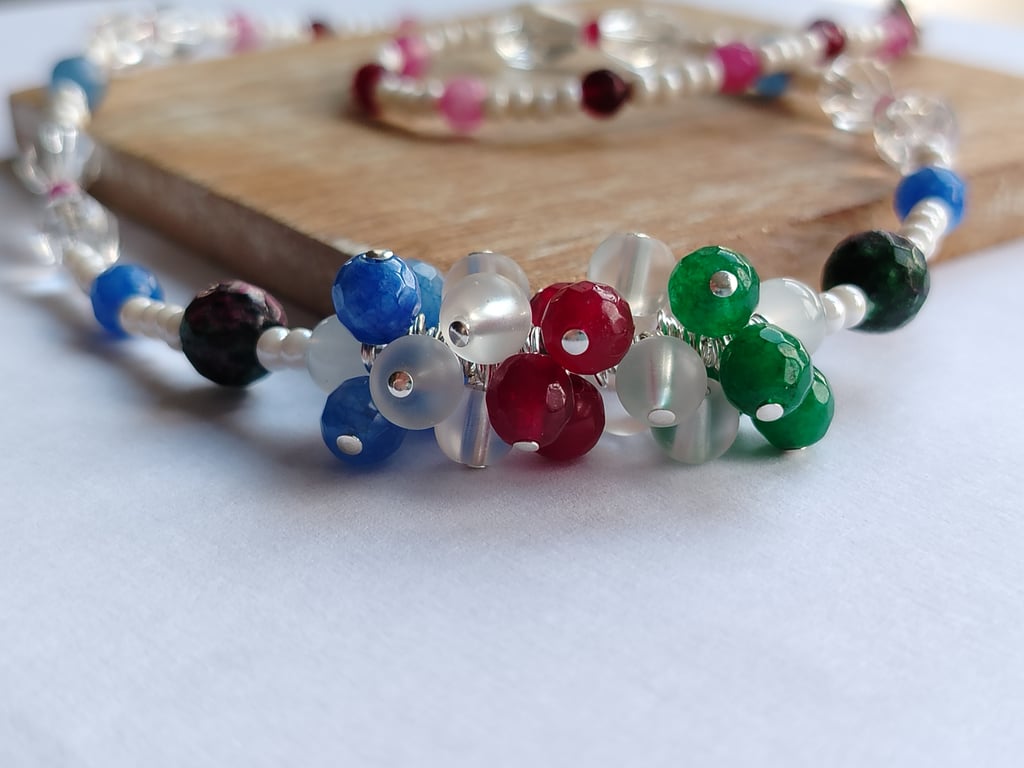 Multi Colour Gem Bead Part Cluster Necklace