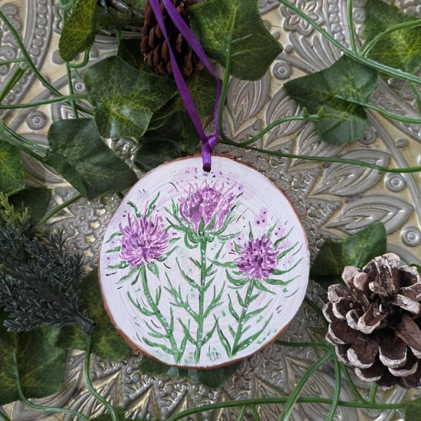 Thistle hand-painted log slice Christmas decoration 