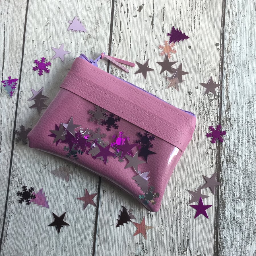 Pink Faux Leather Coin Purse with Confetti & Clear Vinyl Design