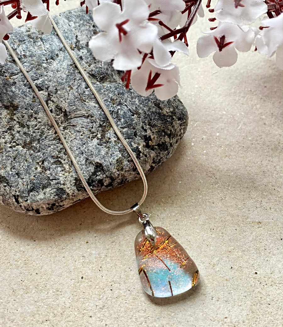 Golden Bronze Shimmer Fused Glass Pendant – Iridescent Transparent Necklace