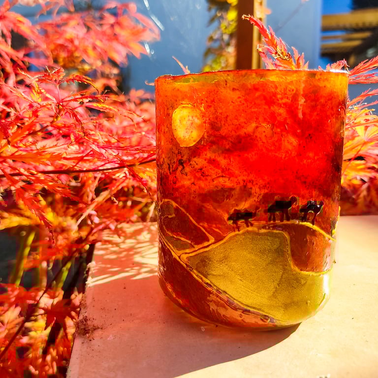 Handmade glass painted candleholder with golden desert dunes at sunset