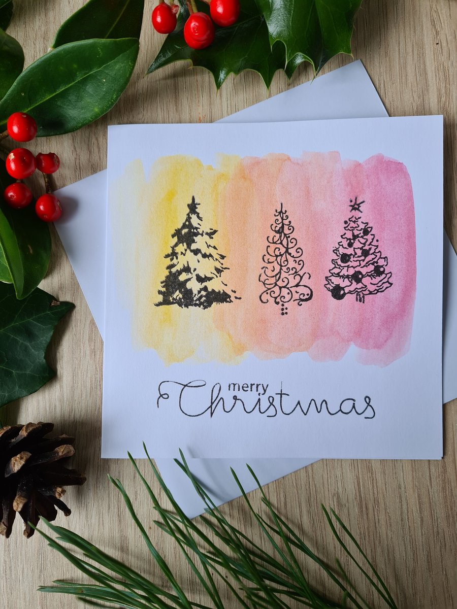 Christmas tree red yellow handpainted watercolour card