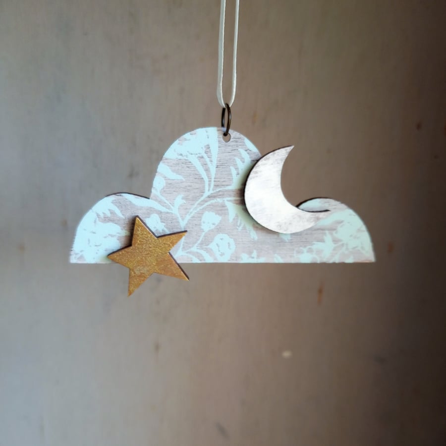 Moon, Cloud and Star Decoration, Keepsake Decoration, Wooden Hanging Decoration