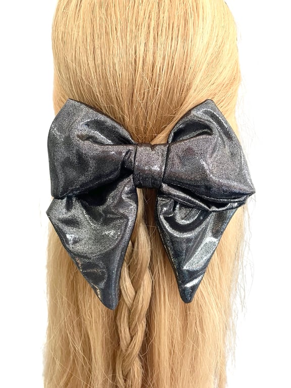 Liquid metal silver fabric hair bow French barrette clip for women 