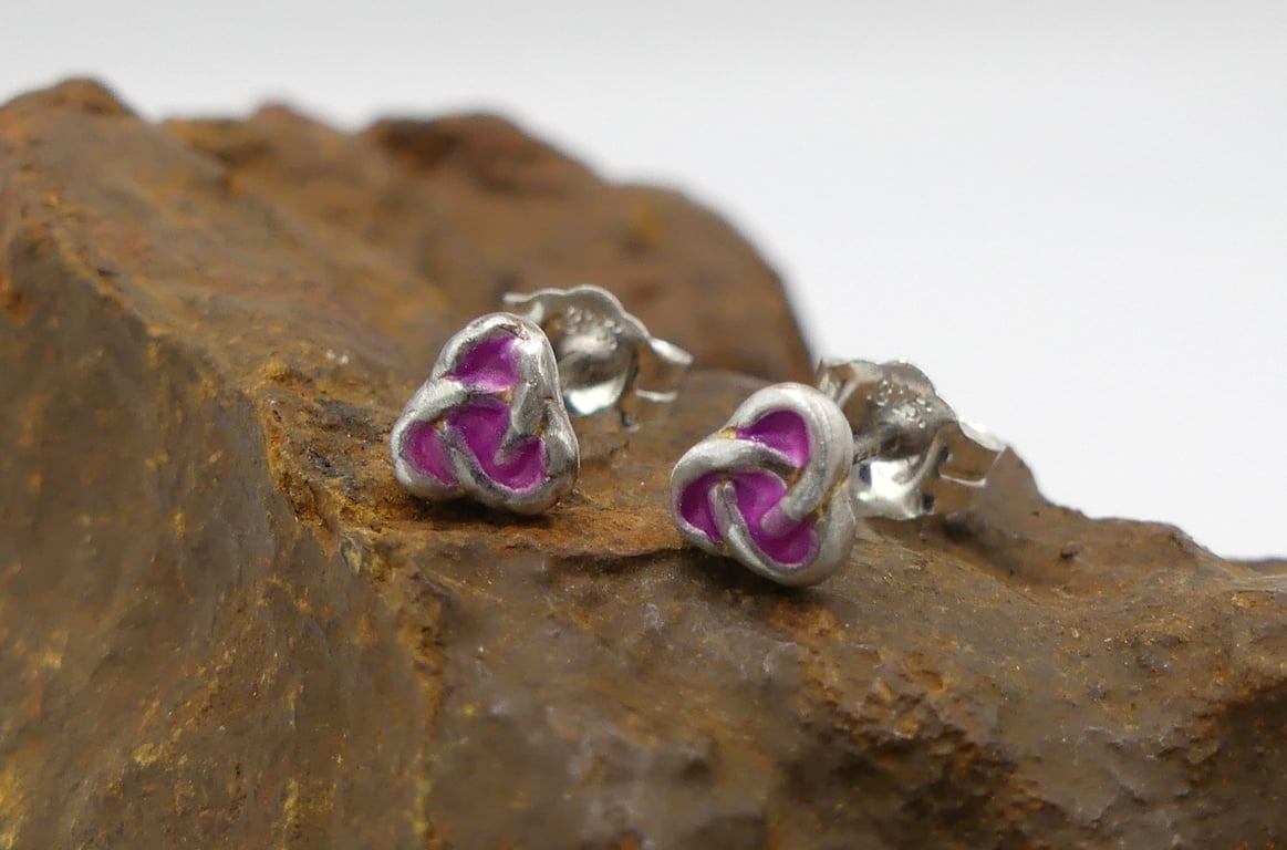 Recycled Sterling Silver Trinity Knot Stud Earrings with a Pink Patina.