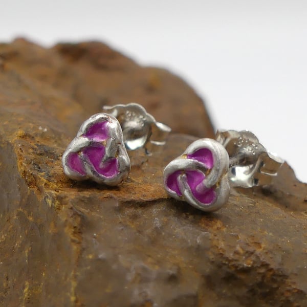 Recycled Sterling Silver Trinity Knot Stud Earrings with a Pink Patina.