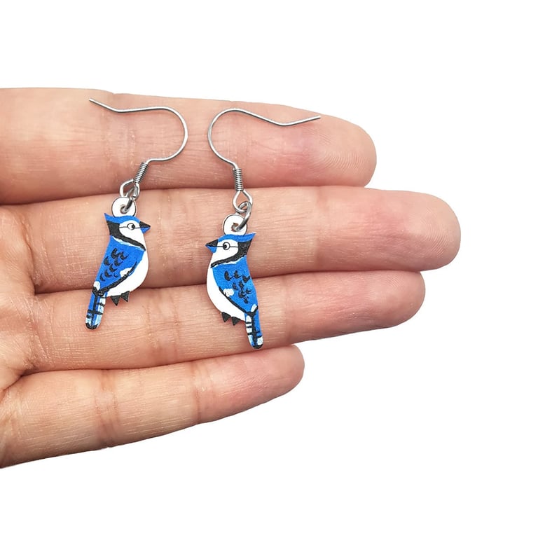 Blue Jay Drop Earrings - Handpainted - Bird Earrings