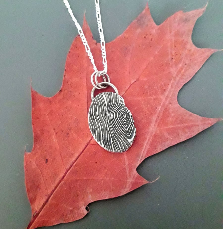 Wooden textured heart Pendant, silver necklace 