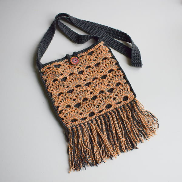 Grey and Orange Crocheted Crossbody or Shoulder Bag