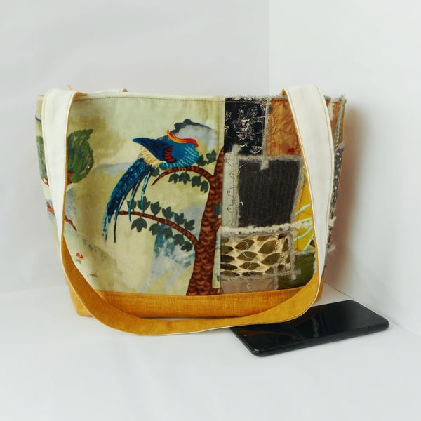 Patchwork velvet shoulder bag with 2 straps and zip fastening