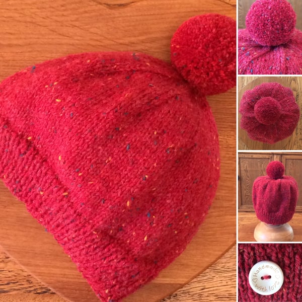 Luxury Pure Wool Plain Beanie with med close-cut Pom Pom