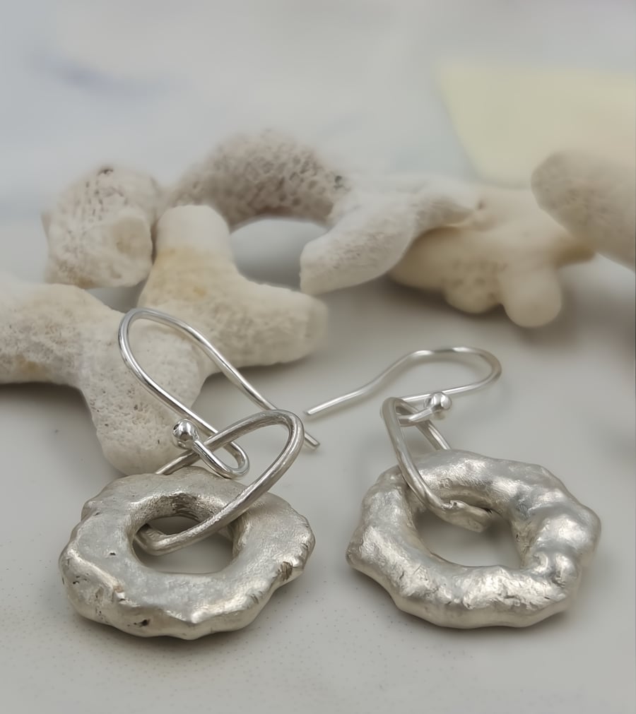 Silver Cascade Molten Circular Drop Earrings