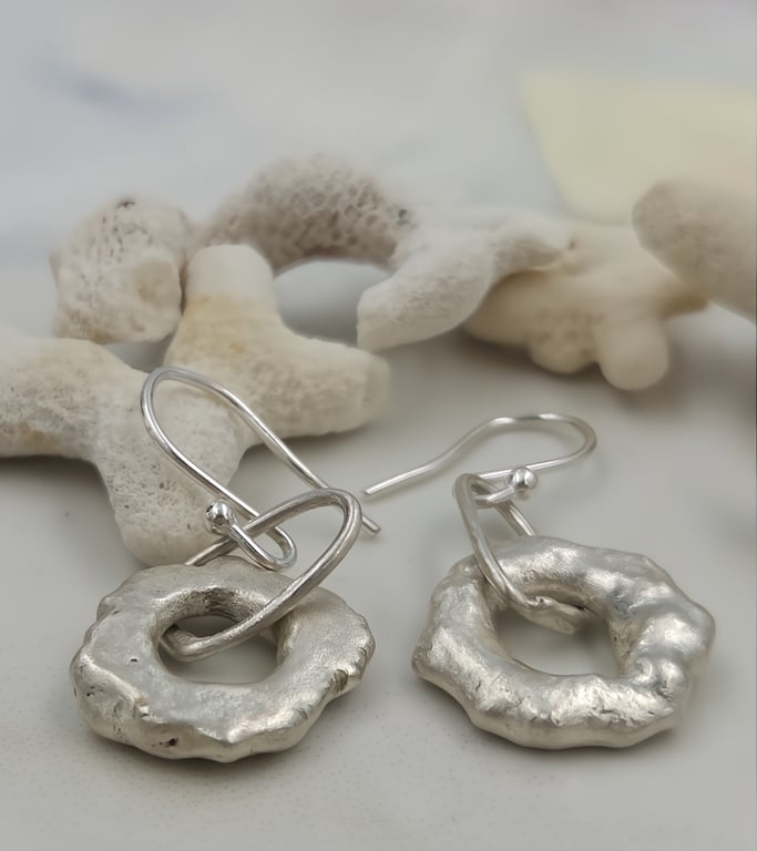 Silver Cascade Molten Circular Drop Earrings