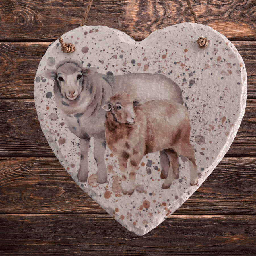 Sheep and Lamb Themed decoupaged Hanging Slate Heart