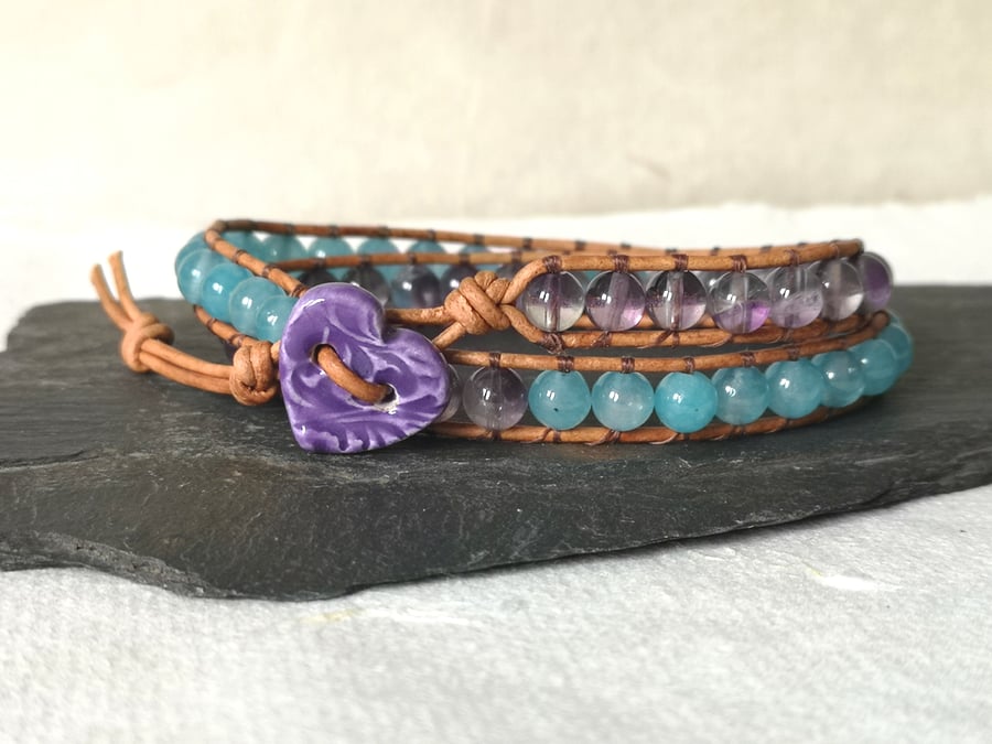 Amethyst and agate double wrap leather bracelet with purple ceramic button 