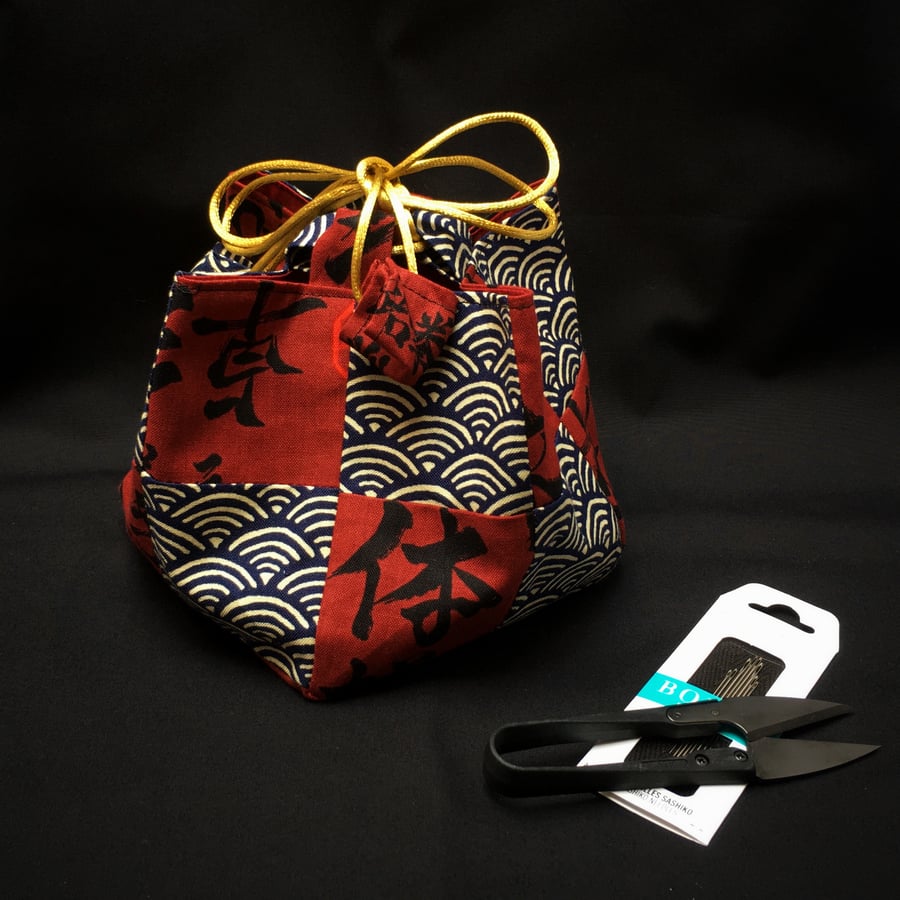 Patchwork Japanese Komebukuro Rice Bag, Gift Bag, Makeup Bag, Red and Blue