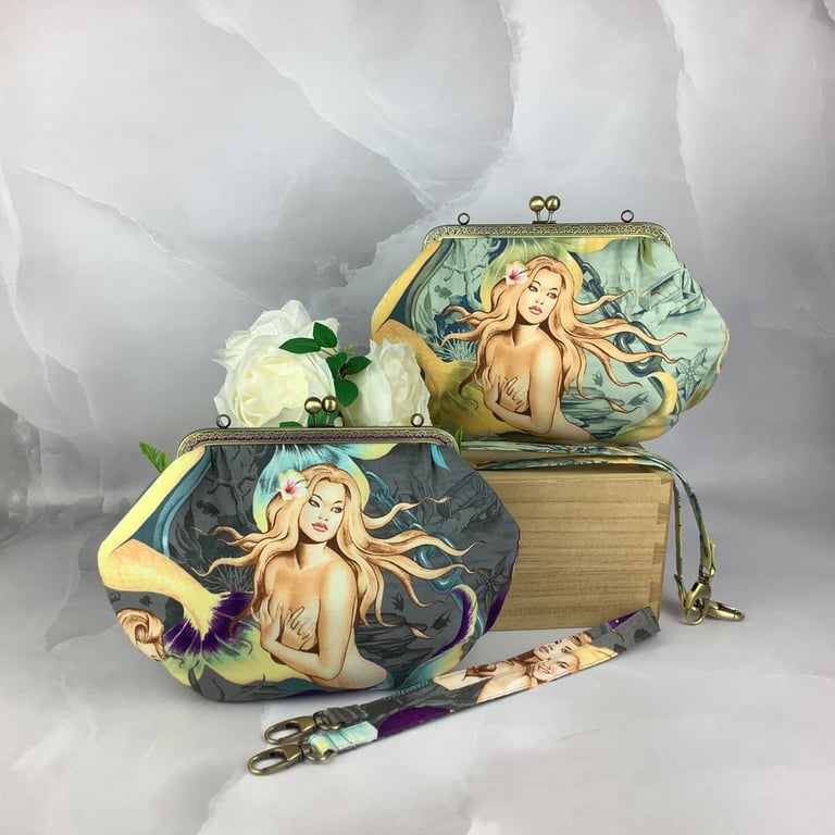 Mermaids medium clutch bag, Detachable strap, Handmade