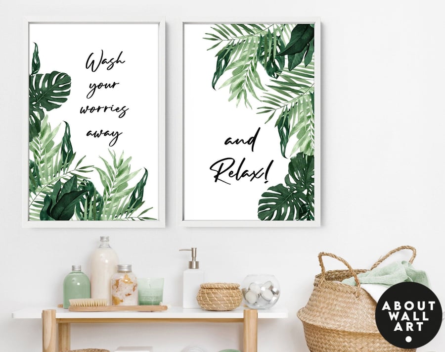 Home Decor Bathroom art prints set of 2, Botanical, Tropical Spa Bathroom Decor,