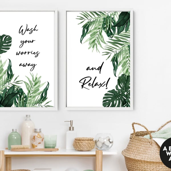 Home Decor Bathroom art prints set of 2, Botanical, Tropical Spa Bathroom Decor,