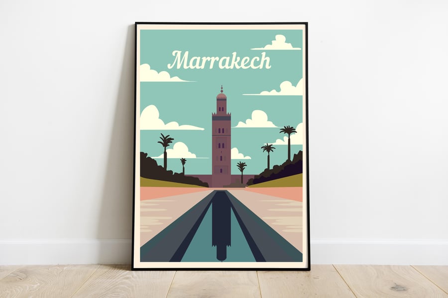 Marrakech retro travel poster, Marrakech city print, Morocco travel poster