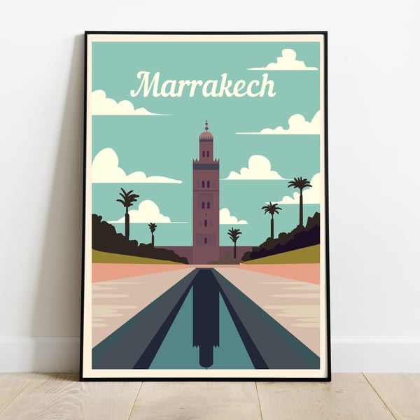 Marrakech retro travel poster, Marrakech city print, Morocco travel poster