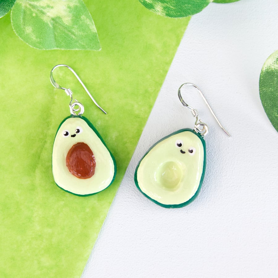 Cute Avocado Food Dangly Painted Clay Earrings