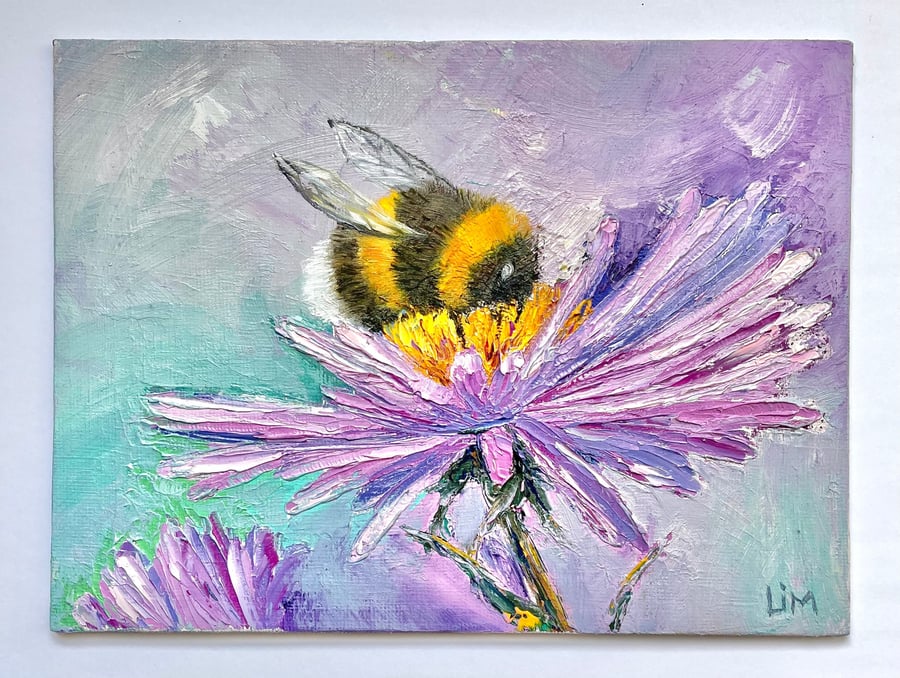 Honey bee Painting Daisy Wall Decor Nature Original Art Flower Impasto Small Oil