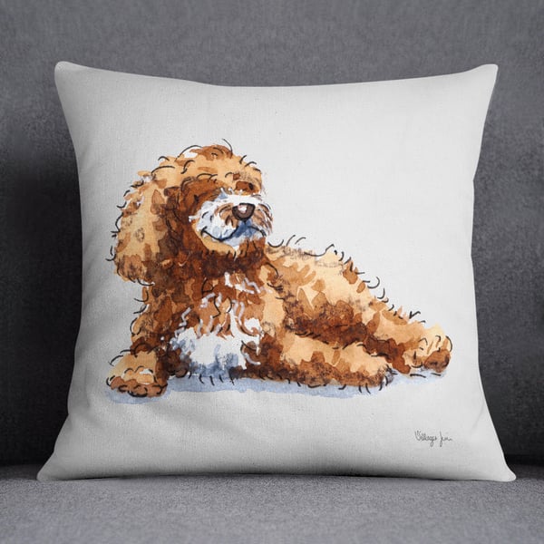 Cavapoo Brown & White Laying Cushion