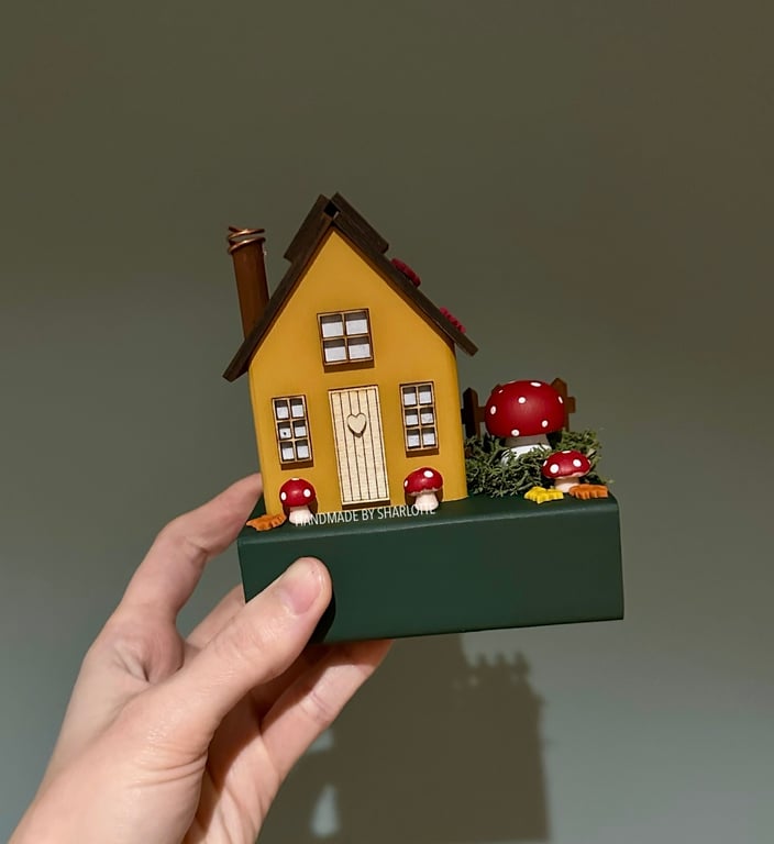 Handmade Toadstool Wooden Scandinavian Cottage Ornament with Clay Toadstool