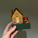Handmade Toadstool Wooden Scandinavian Cottage Ornament with Clay Toadstool