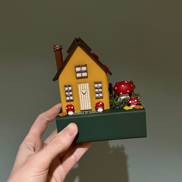 Handmade Toadstool Wooden Scandinavian Cottage Ornament with Clay Toadstool