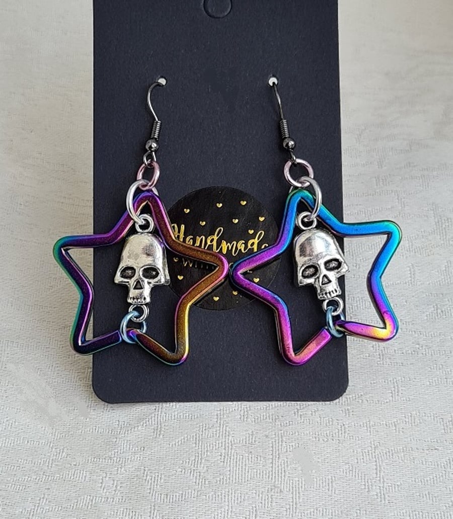 Gorgeous Rainbow Star and Silvery Skulls Earrings - Gun Metal Tone Ear Wires.