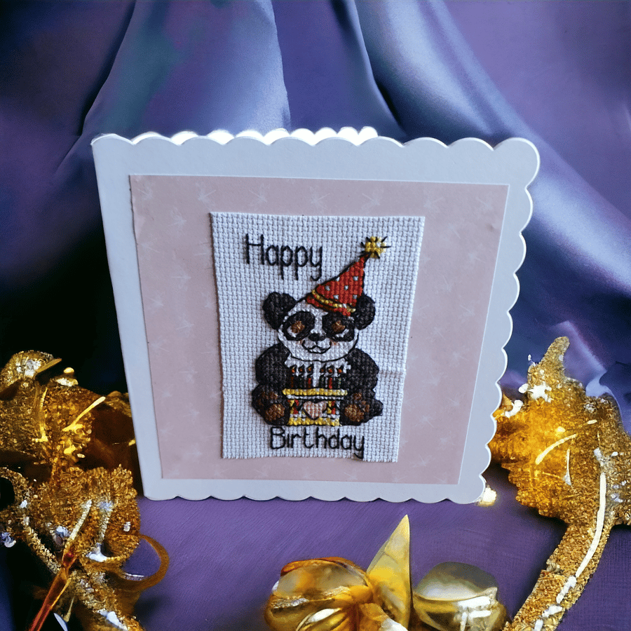 Cross stitched panda birthday card