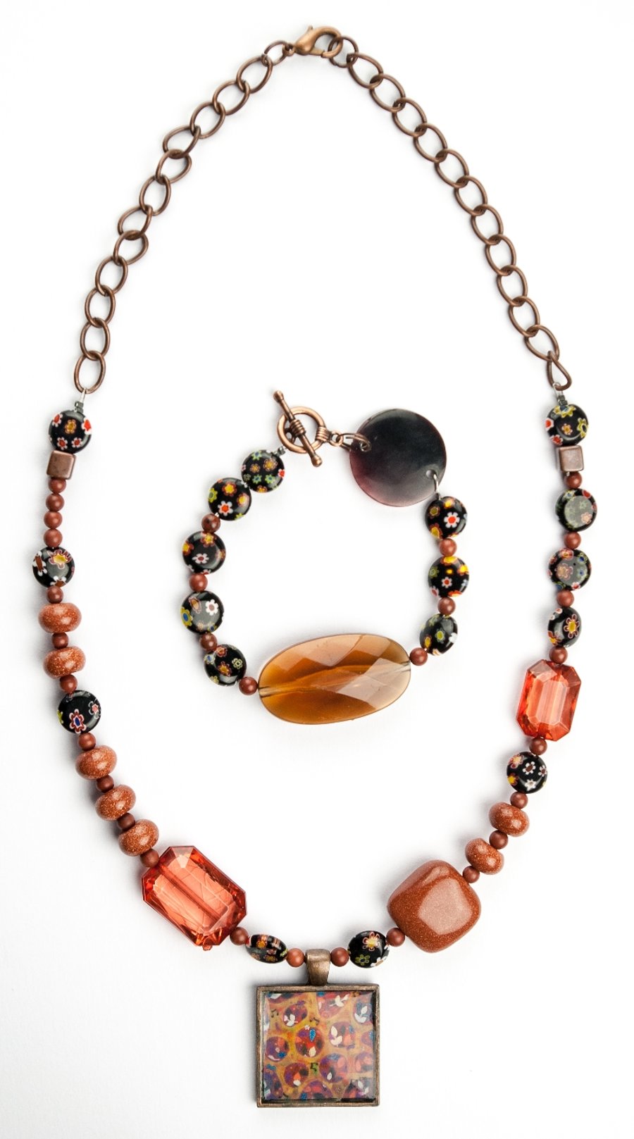 Millefiori and Gemstones Necklace and Bracelet, Resin Pendant, Handmade