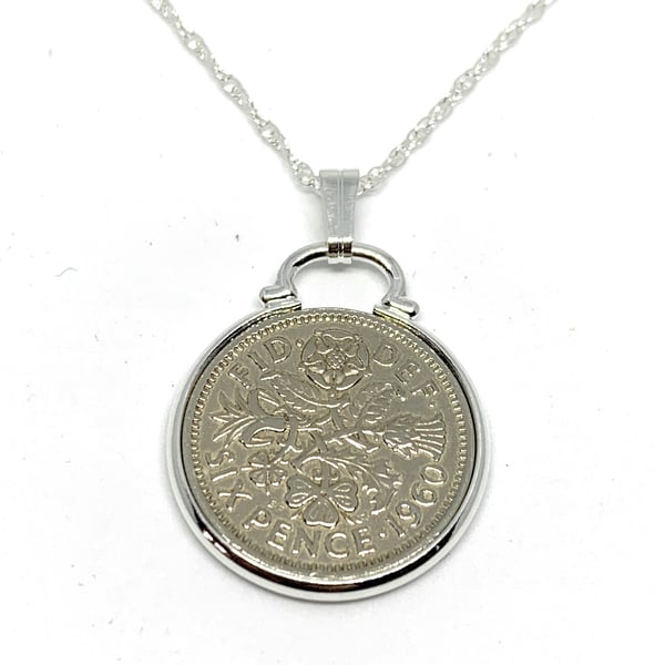1960 60th Birthday Anniversary sixpence coin pendant plus 18inch SS chain, gift 