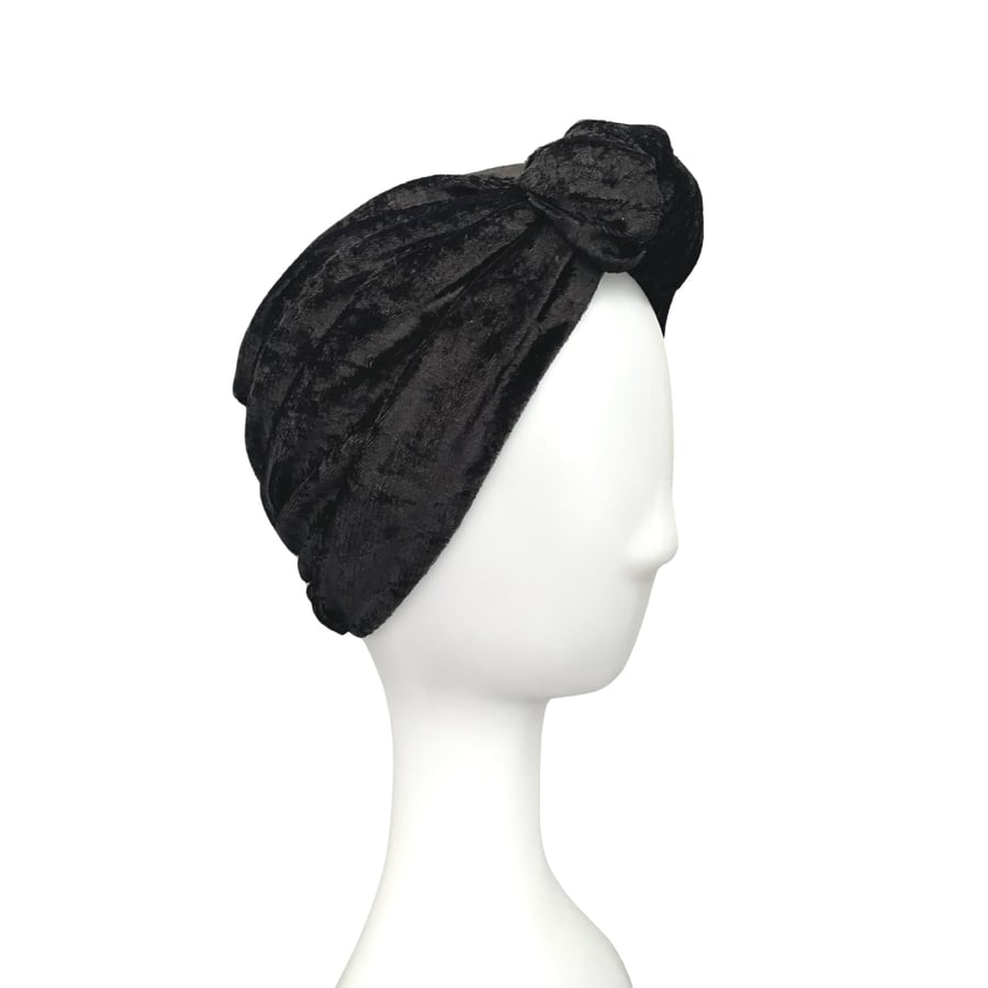 Black Velvet Turban Head Wrap Hat Vintage Style Knotted Luxury Velvet Head Scarf