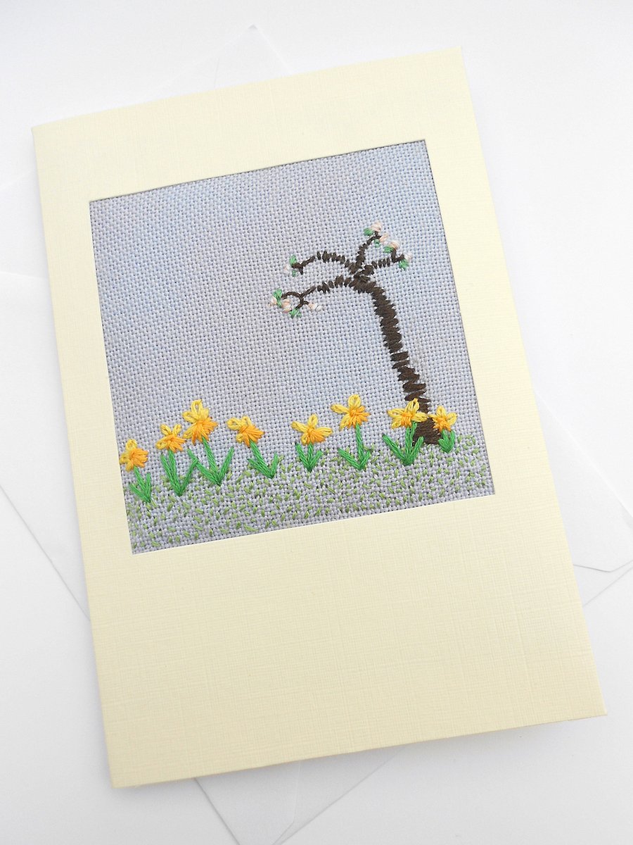  For March Birthday Embroidered Daffodils Card . Mothers Day. Easter.
