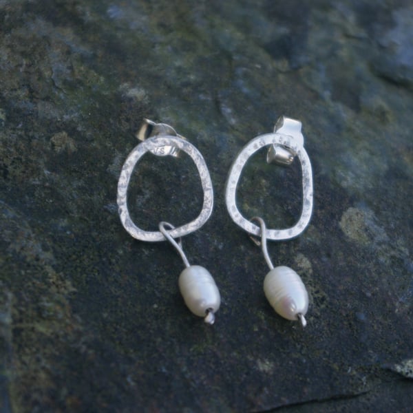 Textured Oval Silver Earrings with Small Freshwater Pearl Drop