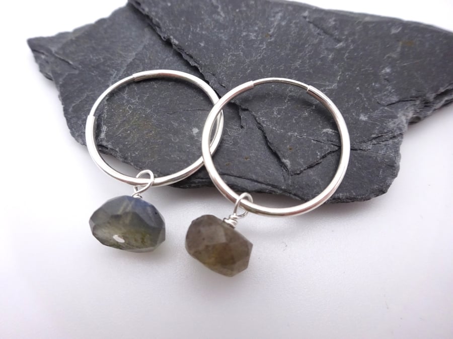 labradorite gemstone earrings, sterling silver sleeper hoop