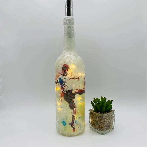 Handmade Football Lover Decoupage Bottle with Lights - Gift for Dad