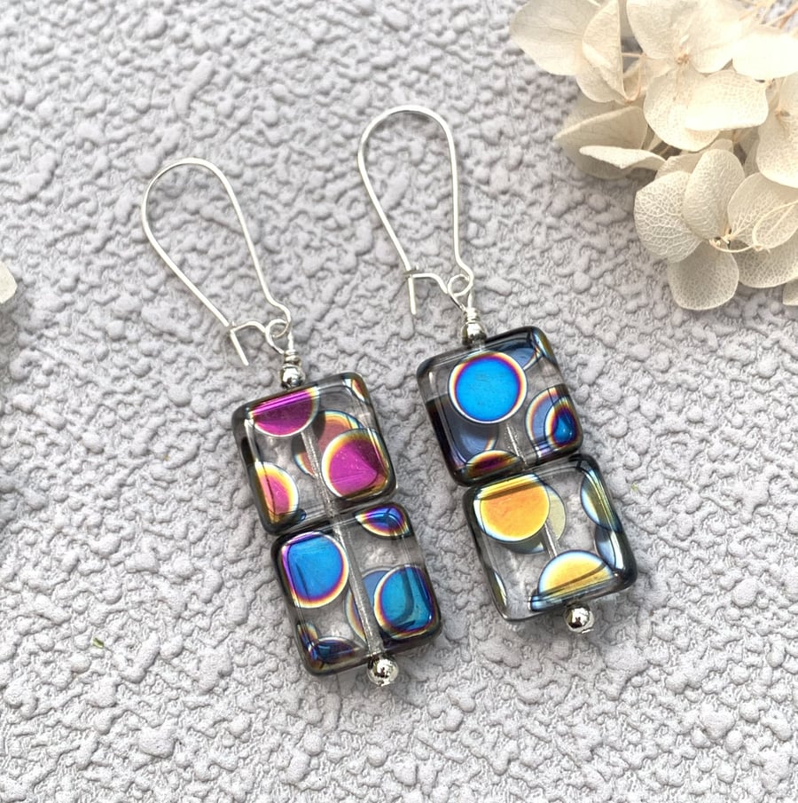 Czech Glass Patterned Square Bead Drop Earrings