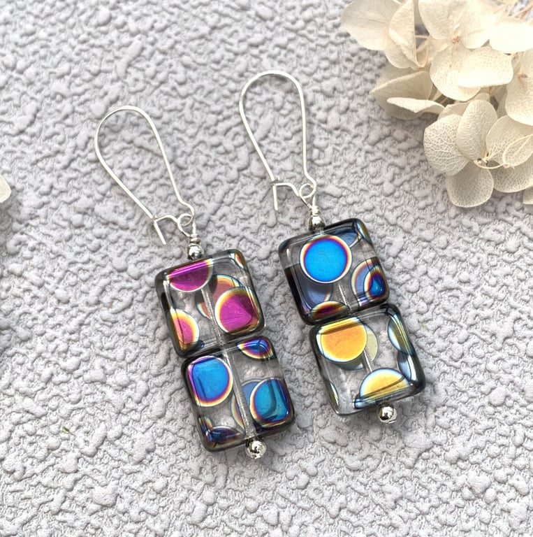 Czech Glass Patterned Square Bead Drop Earrings