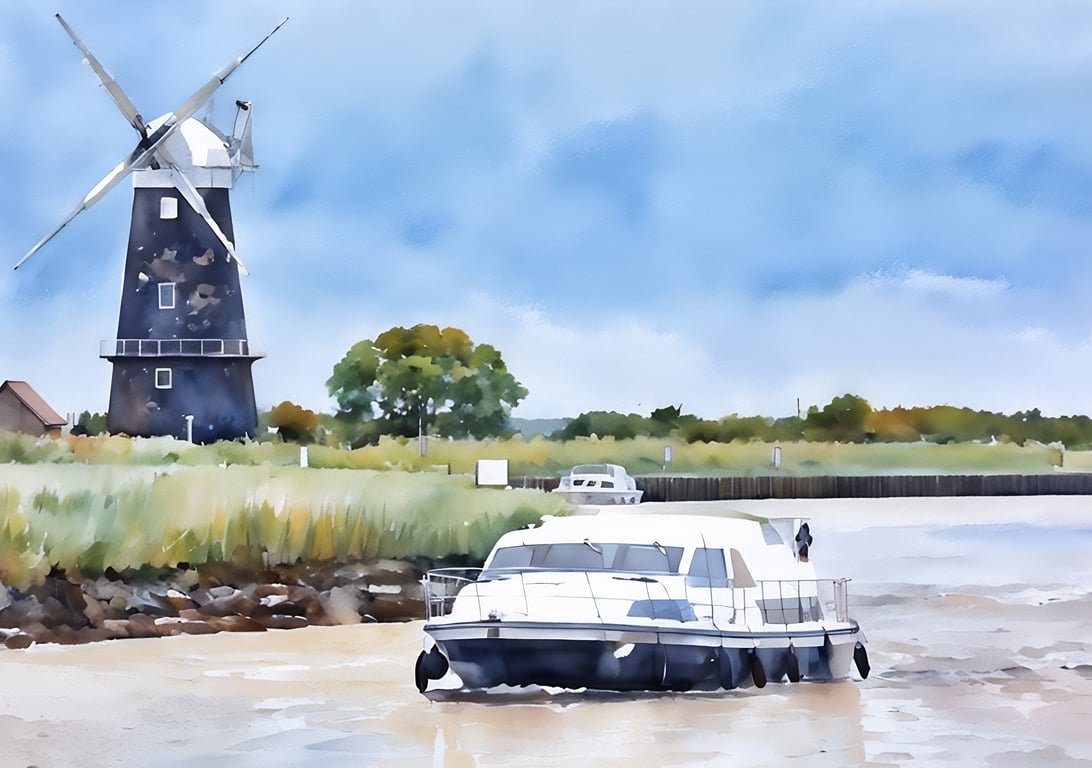 Pleasure Boat & Windmill Norfolk Broads Blank Greeting Card A5