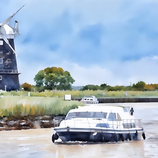 Pleasure Boat & Windmill Norfolk Broads Blank Greeting Card A5